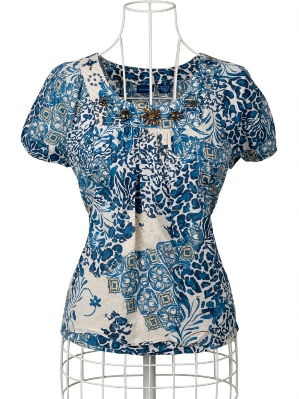 Westbound Blue and White Floral Print Short-Sleeve Top